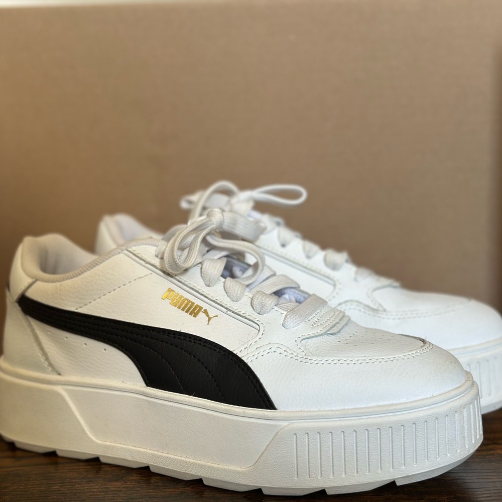 Puma White and Black Platform Sneakers with Gold Logo